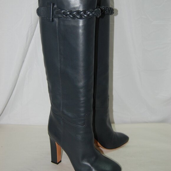 39/9❤️VALENTINO Charcoal Black Leather BRAID DETAIL KNEE HIGH HEEL BOOTS ITALY - Picture 1 of 16